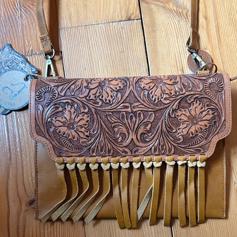 Floral Embossed Leather Crossbody Bag with Fringe